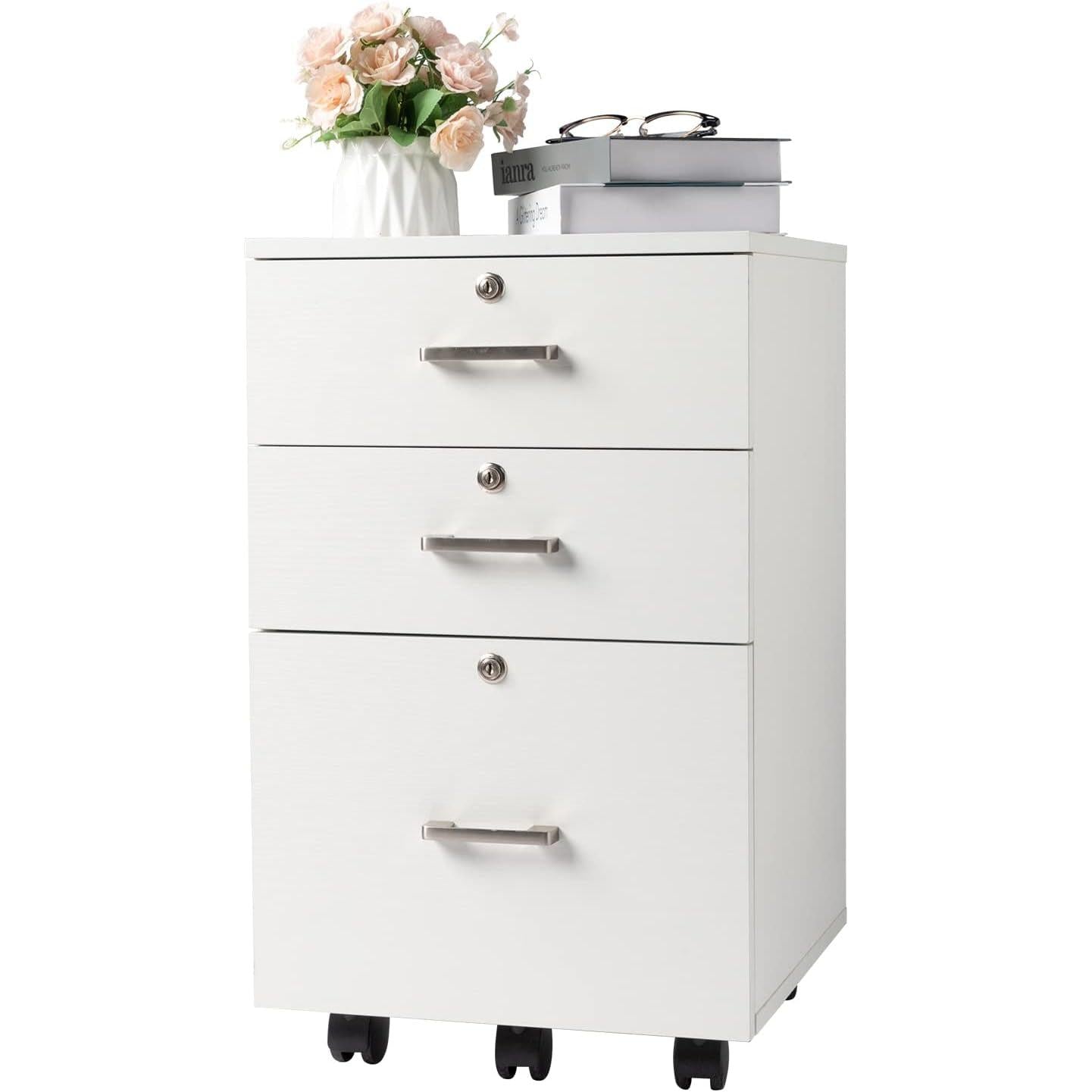 White Mobile File Cabinet 3 Drawer Lockable Office Storage ShipItFurniture