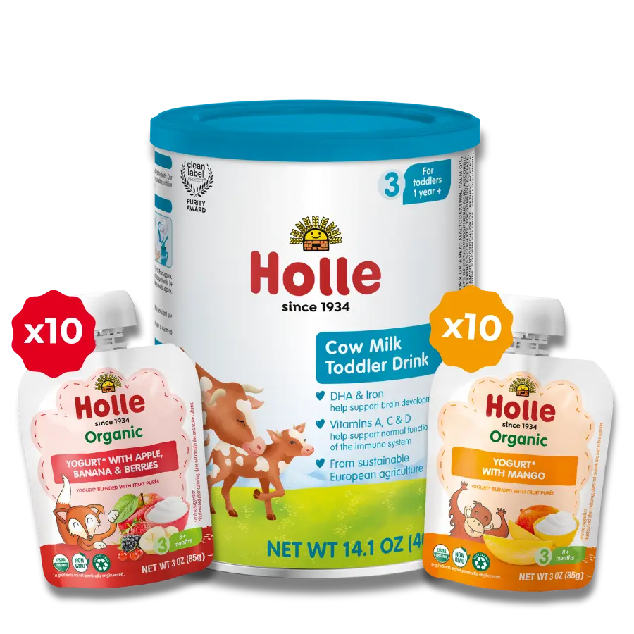 Strong Bones Bundle: Cow Milk, Mango Yogurt, Apple, Banana, Berries Yogurt Holle USA