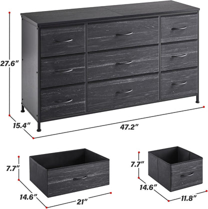 Dresser, Dresser for Bedroom with 9 Drawers, Wide Dresser TV Stand for 55” TV Stand for Bedroom Dresser Long Dressers & Chests of Drawers, Metal Frame&Wood Top, Closet, Hallway, Charcoal Black ShipItFurniture