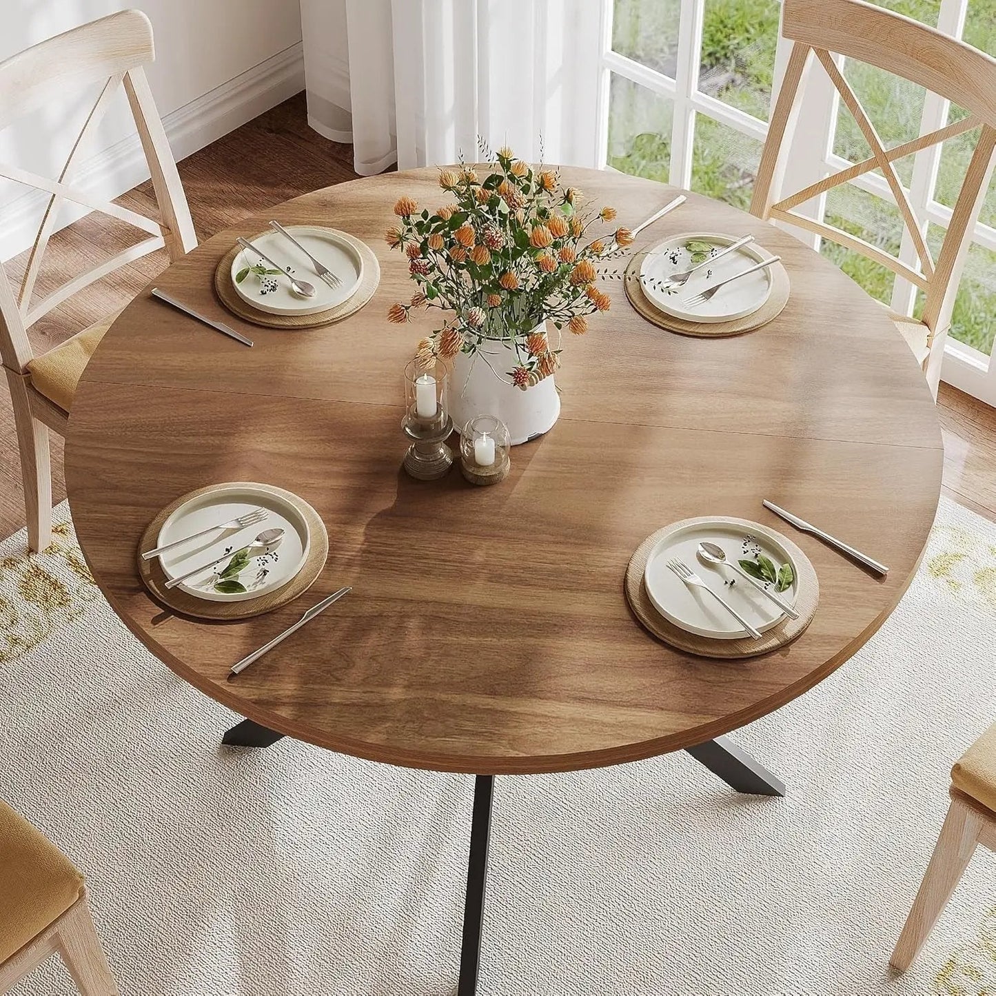 47.2 Inch Round Dining Table For 4 Walnut Farmhouse Kitchen - Get it from Bo
