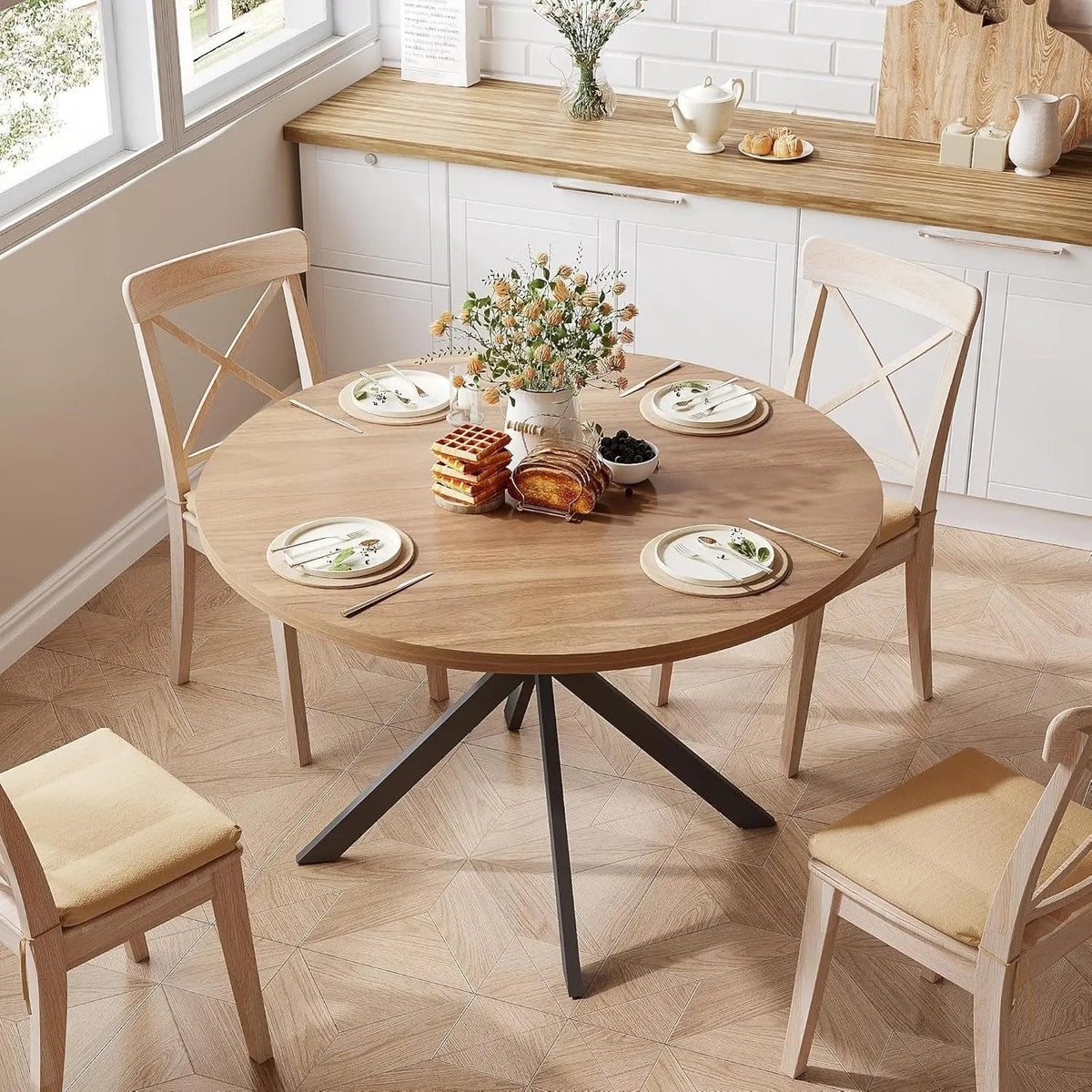 47.2 Inch Round Dining Table For 4 Walnut Farmhouse Kitchen - Get it from Bo