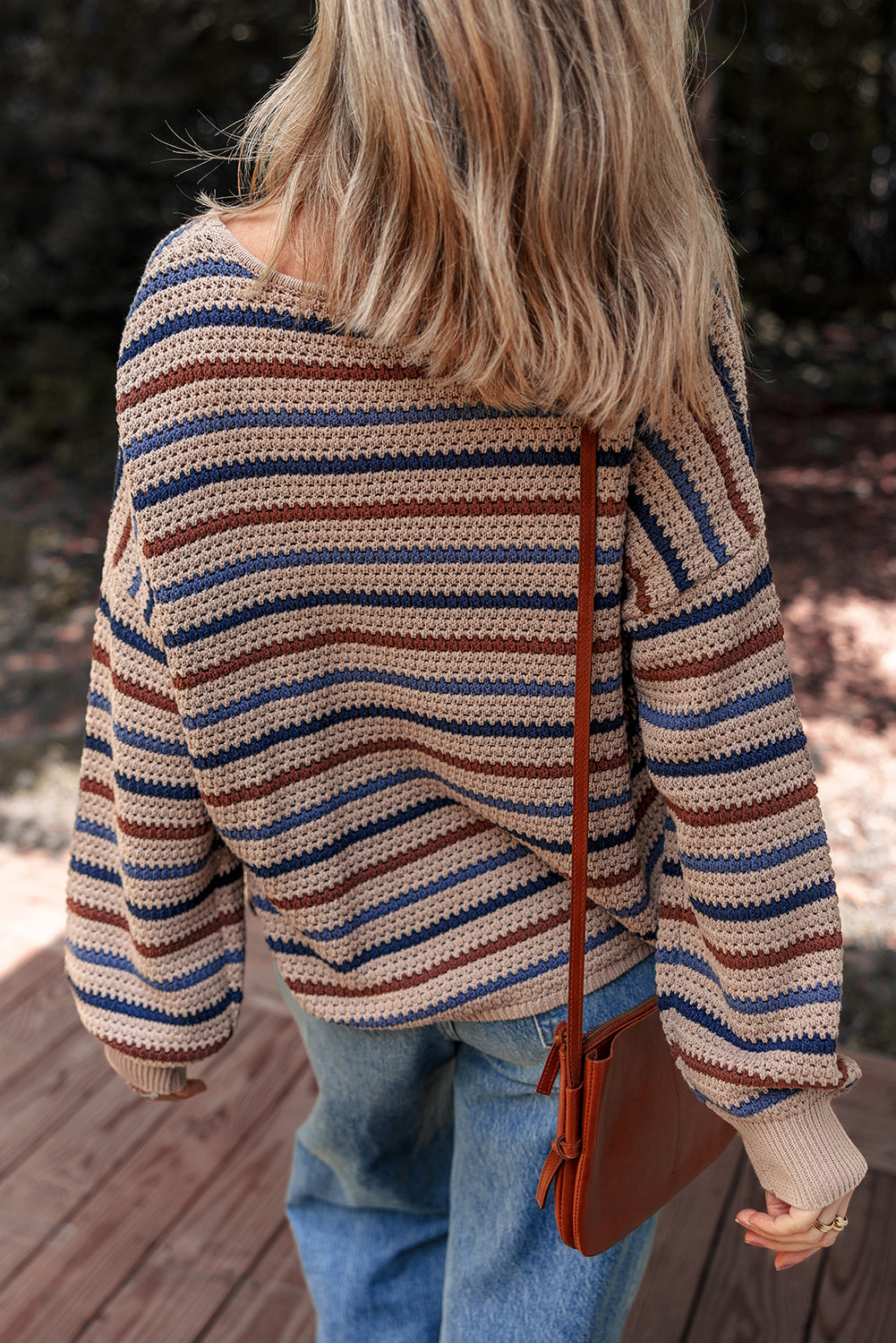 Emery Striped Knitted Drop Shoulder Round Neck Sweater Threaded Pear