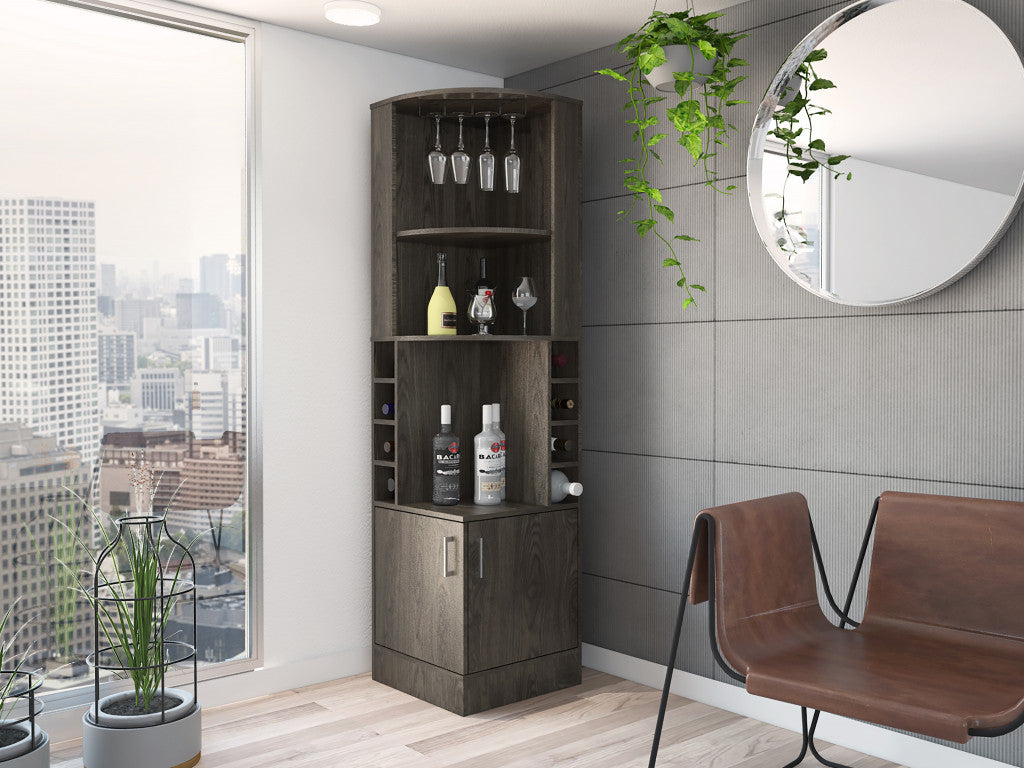 71" Dark Brown Wood Corner Bar Cabinet With Two Doors
