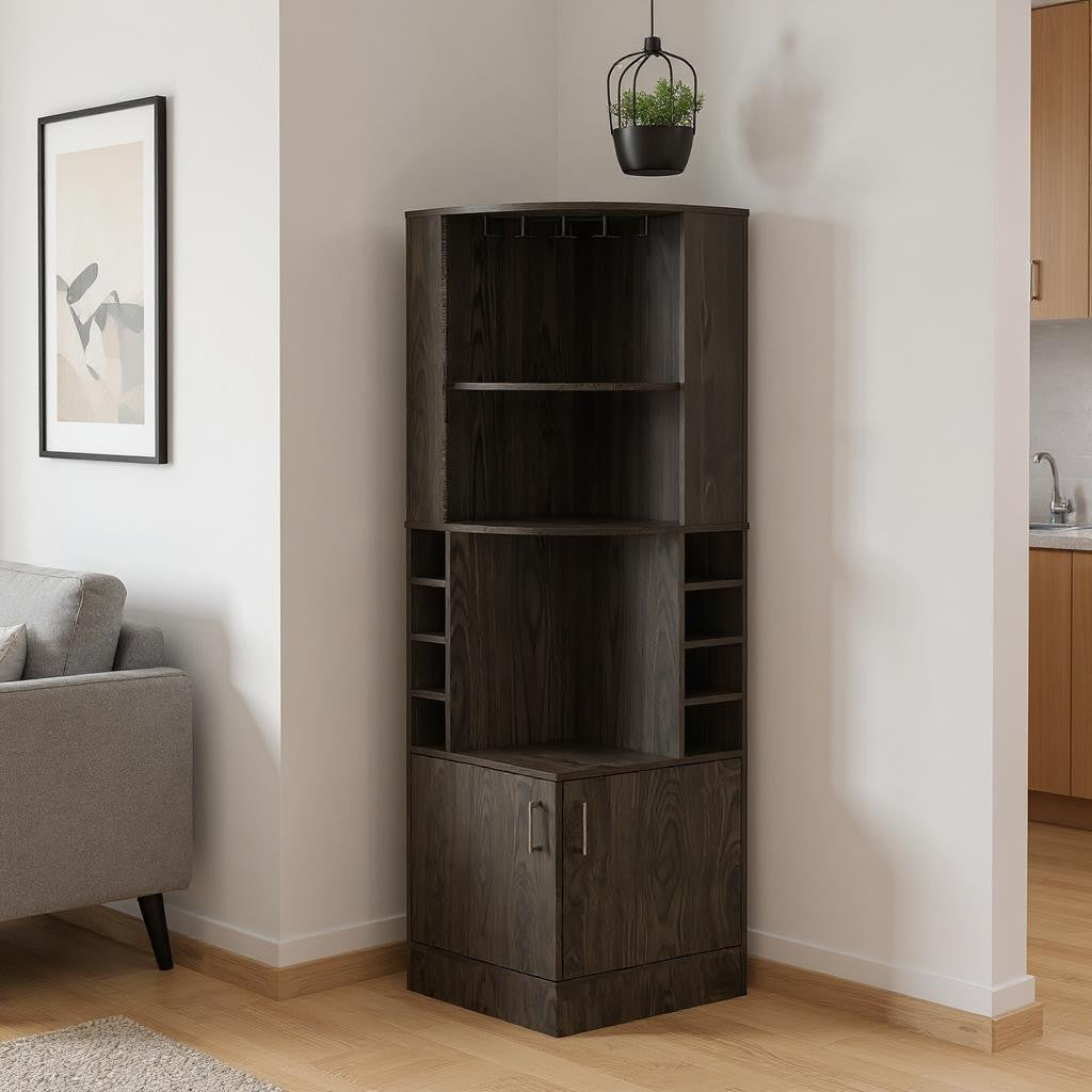 71" Dark Brown Wood Corner Bar Cabinet With Two Doors