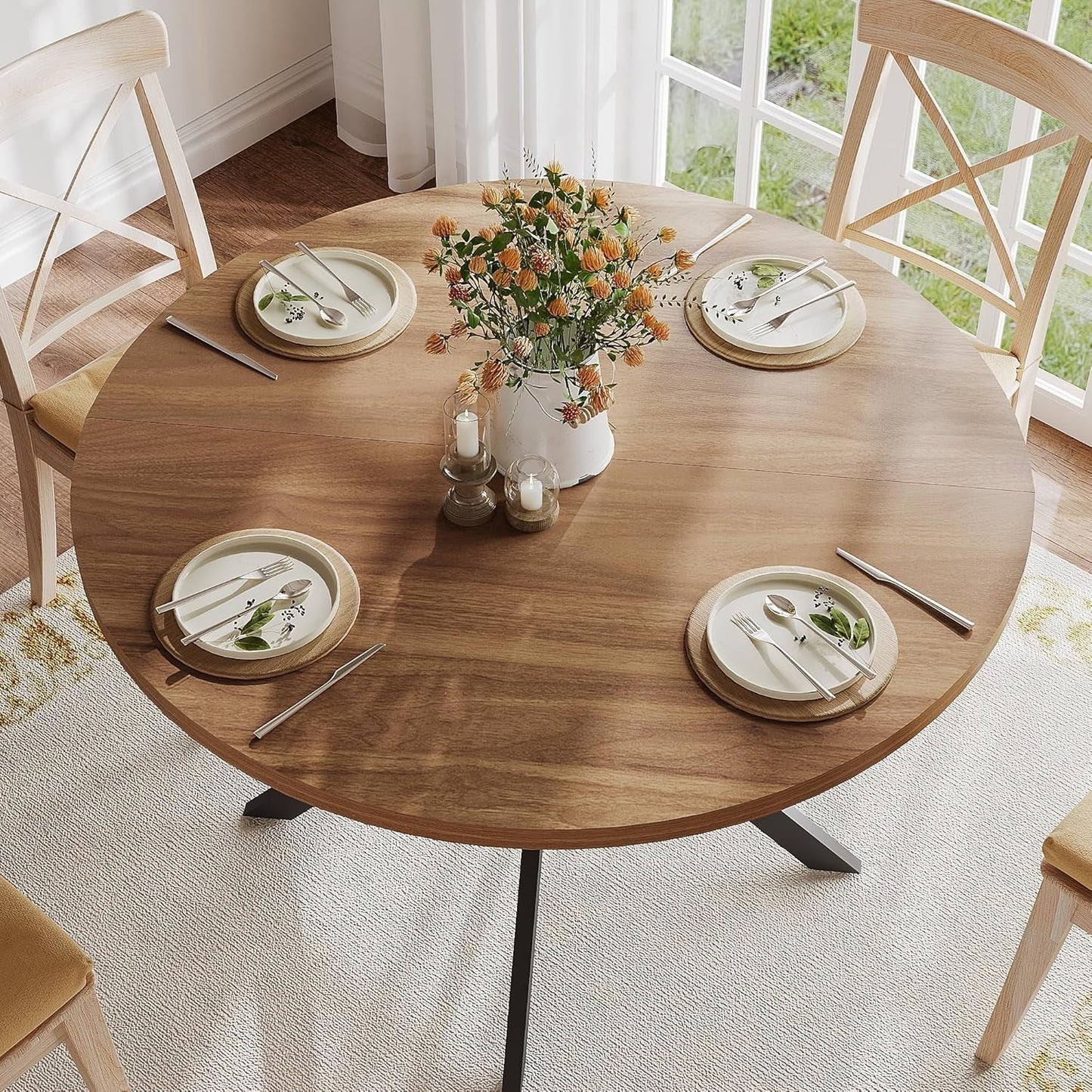47.2 Inch Round Dining Table For 4 Walnut Farmhouse Kitchen