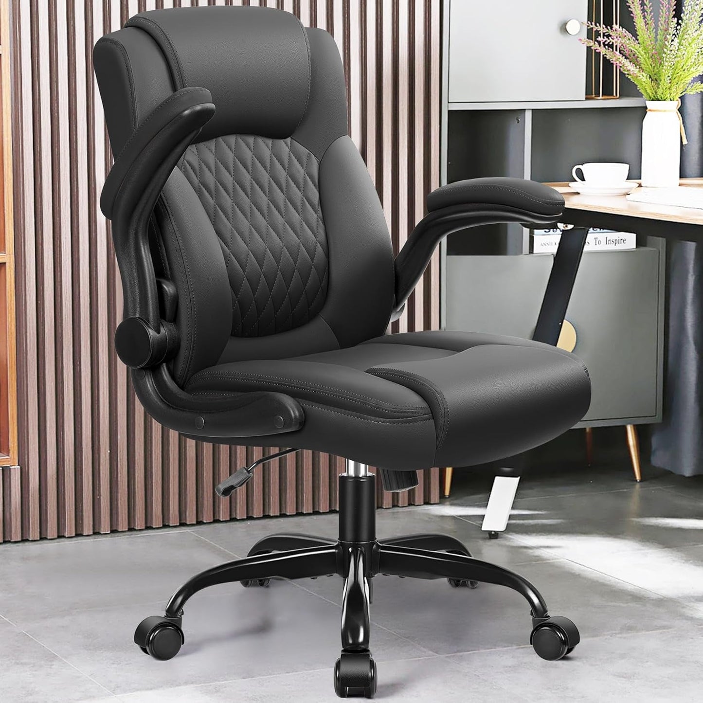 Ergonomic Leather Office Chair Adjustable Armrests Black