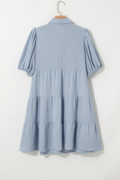 Arya Shirt Collar Button Up Puff Sleeve Tiered Dress