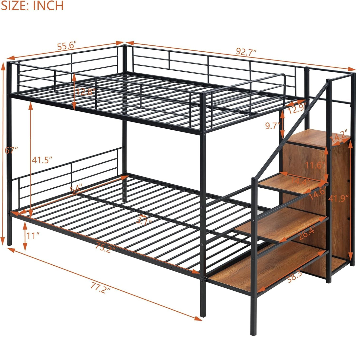 Full over Full Metal Bunk Bed，Bunk Bed with Storage Stairs and Wardrobe, Bunk Bed for Adults/Kids/Teens, Bunk Bed for School, Bedroom, Black ShipItFurniture