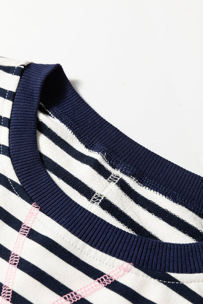 Blue Stripe Contrast Stitched Detail Color Block Patchwork Plus Size Sweatshirt