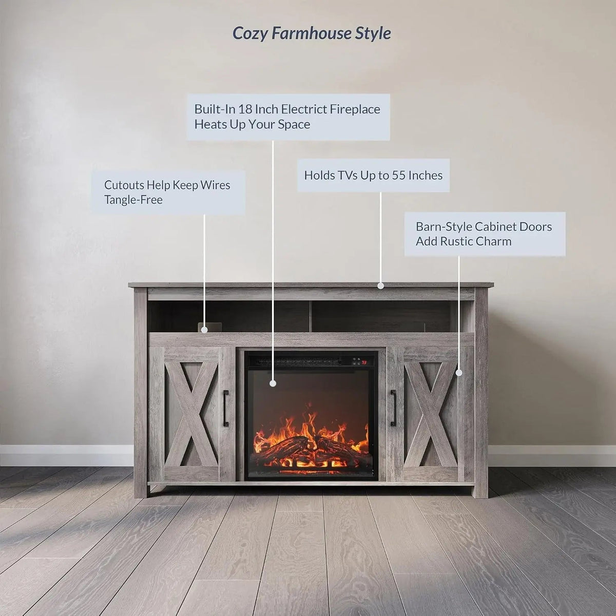 48 Inch Grey Wash TV Stand With Electric Fireplace - Get it from Bo