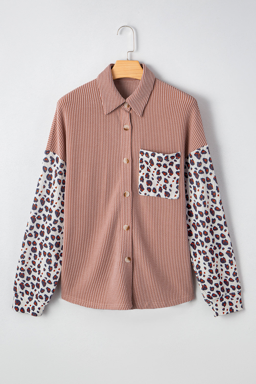 Journee Leopard Ribbed Casual Shacket Threaded Pear