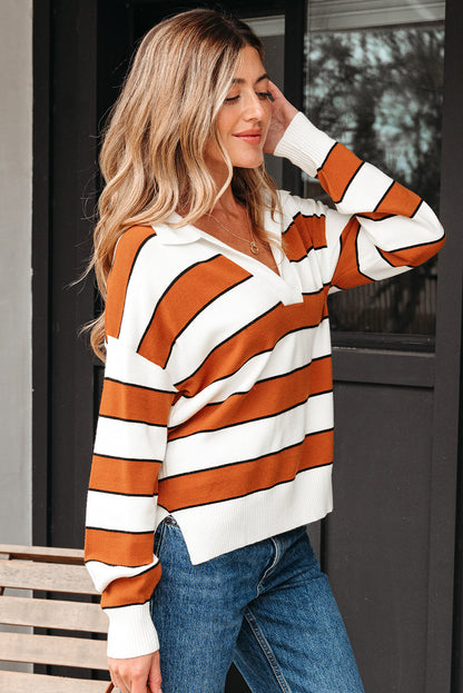 Valeria Stripe Ribbed Polo Collar Drop Shoulder Sweater
