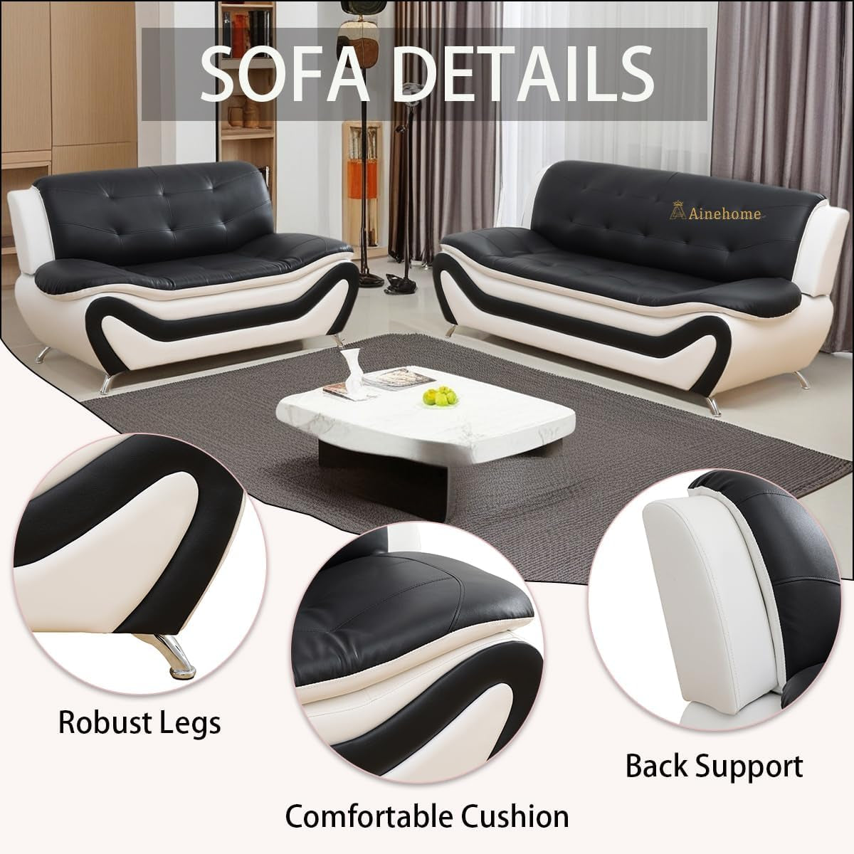Sectional Sofa Set Modern Faux Leather 5 Seat Black White ShipItFurniture