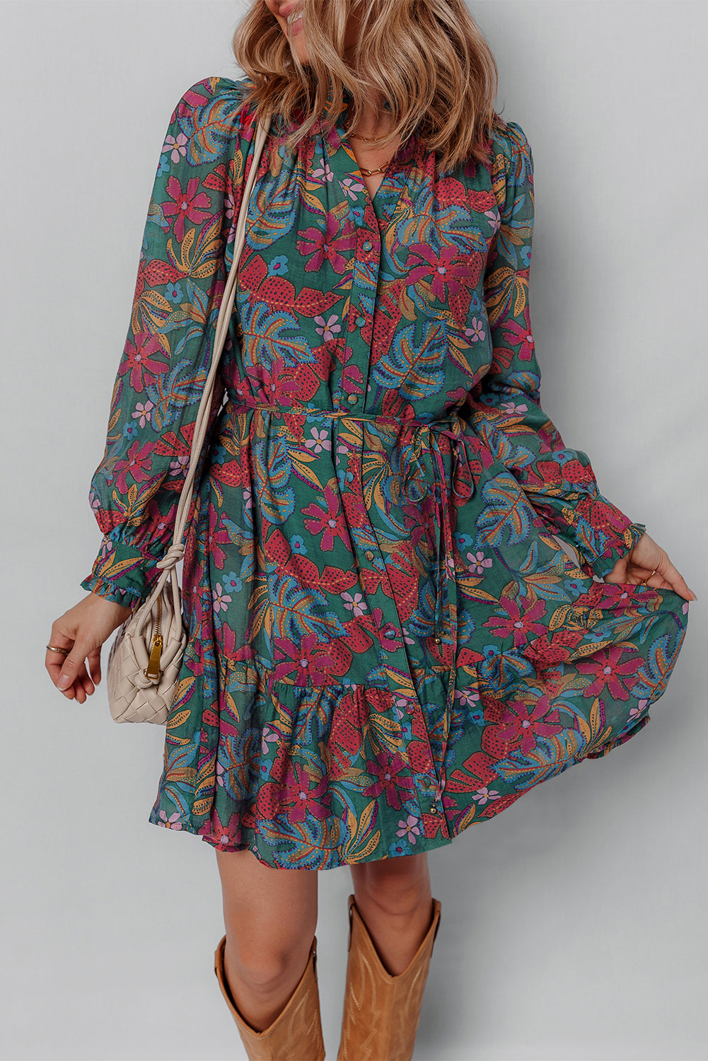 Maria Floral V Neck Puff Sleeve Dress Threaded Pear