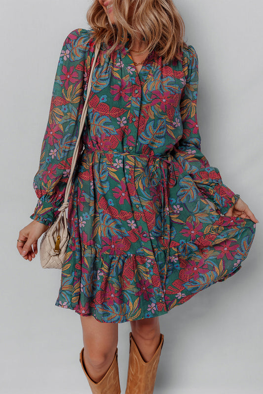 Maria Floral V Neck Puff Sleeve Dress Threaded Pear