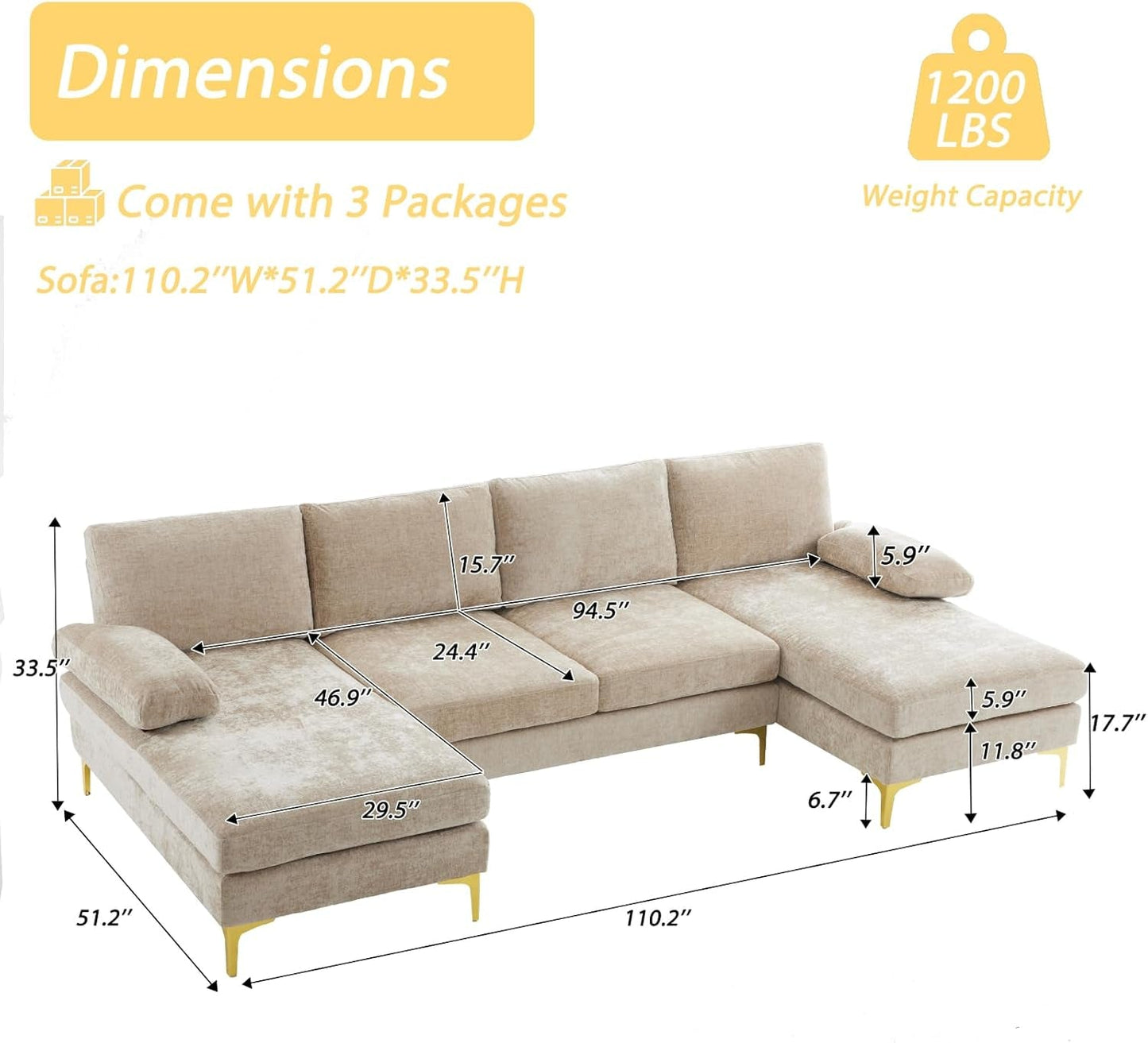 Convertible Sectional Sofa 110 Inch Camel U Shape ShipItFurniture