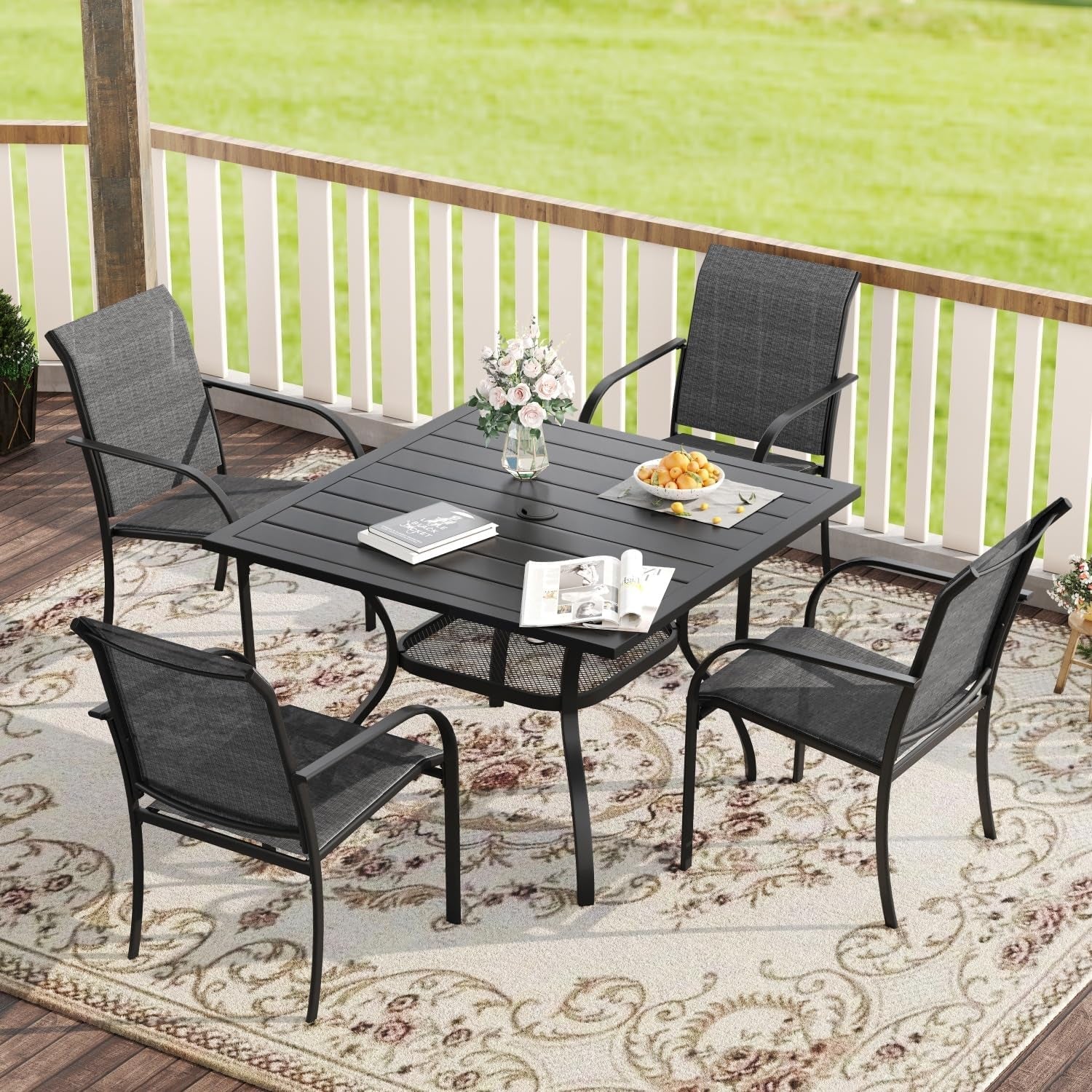 5 Pieces Patio Dining Set, Outdoor Furniture Set Includes 1 Square Patio Table and 4 Stackable Patio Sling Chairs, Outdoor Table and Chairs for Outsides, Black Table and Grey Chairs ShipItFurniture