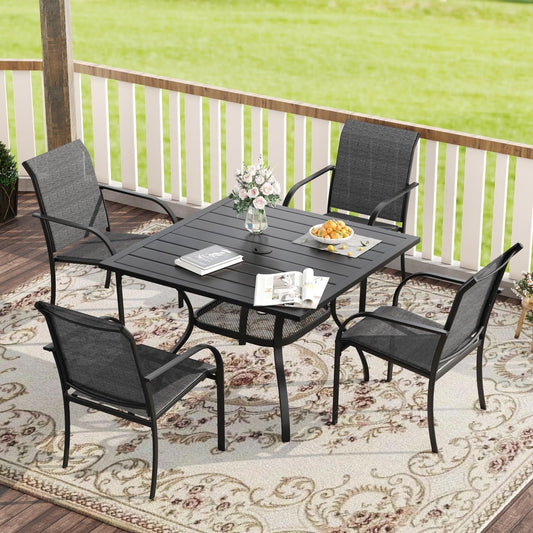 5 Pieces Patio Dining Set, Outdoor Furniture Set Includes 1 Square Patio Table and 4 Stackable Patio Sling Chairs, Outdoor Table and Chairs for Outsides, Black Table and Grey Chairs ShipItFurniture