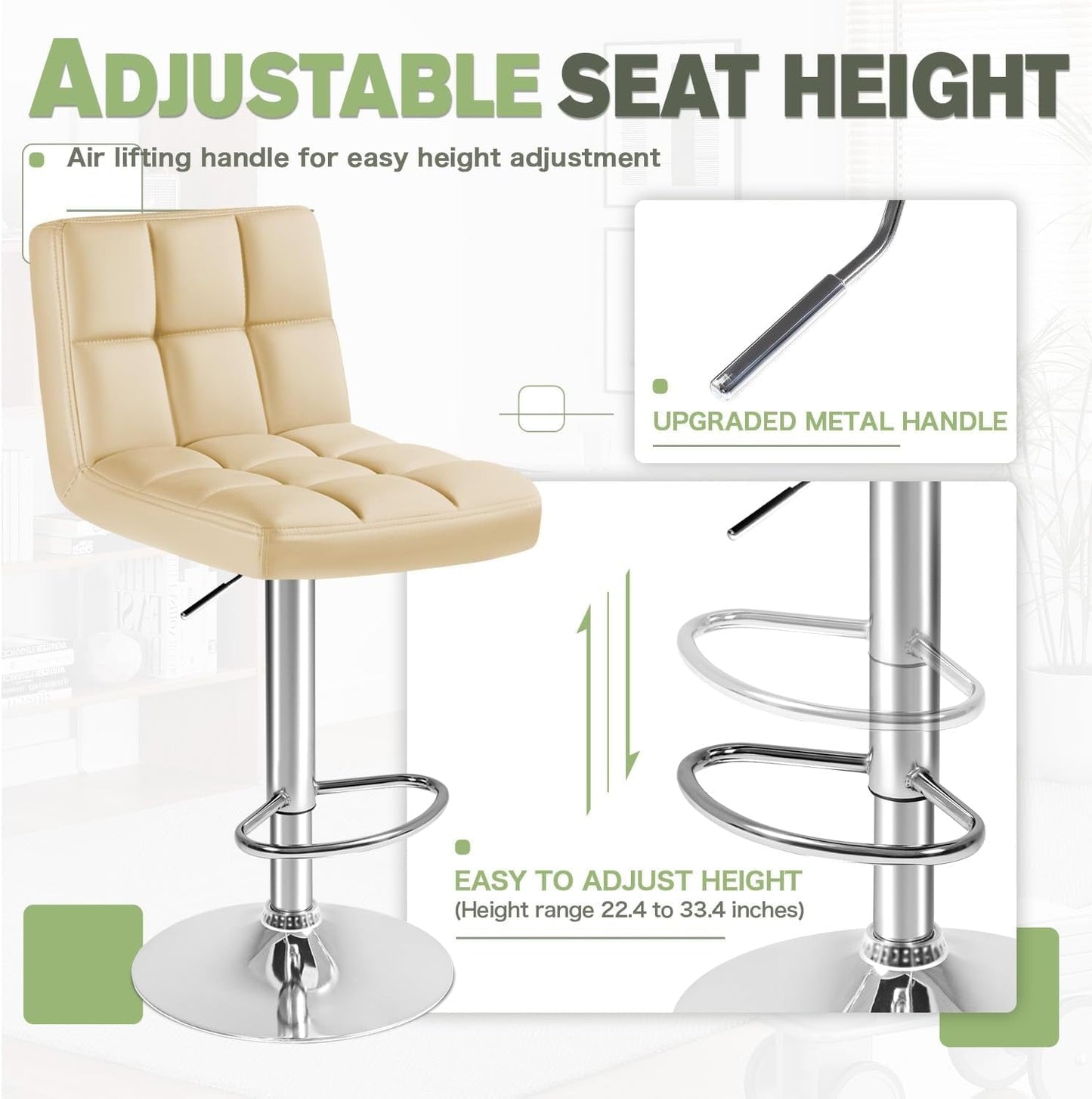 Bar Stools Modern Pu Leather Swivel Adjustable Hydraulic Bar Stool Square Counter Height Stool Set of 2 (Beige) ShipItFurniture