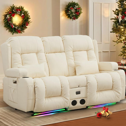 Power Loveseat Recliner Massage And Heat Cream White ShipItFurniture