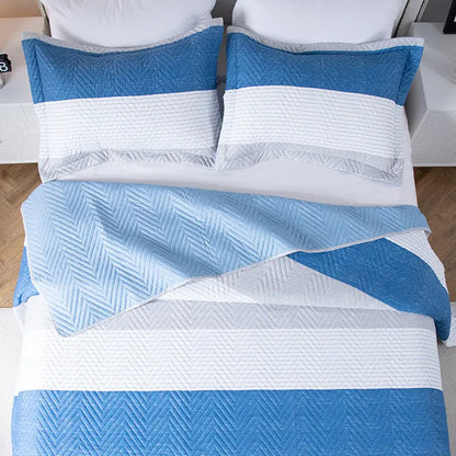 Kasentex Lightweight Reversible Stripe Quilt Set Bedding- Sky Blue and Ivory White, Room Decor, Graduation Gifts, Father's Day Gift Kasentex