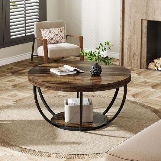 Round Coffee Table 31.7Inches Rustic Brown Storage ShipItFurniture