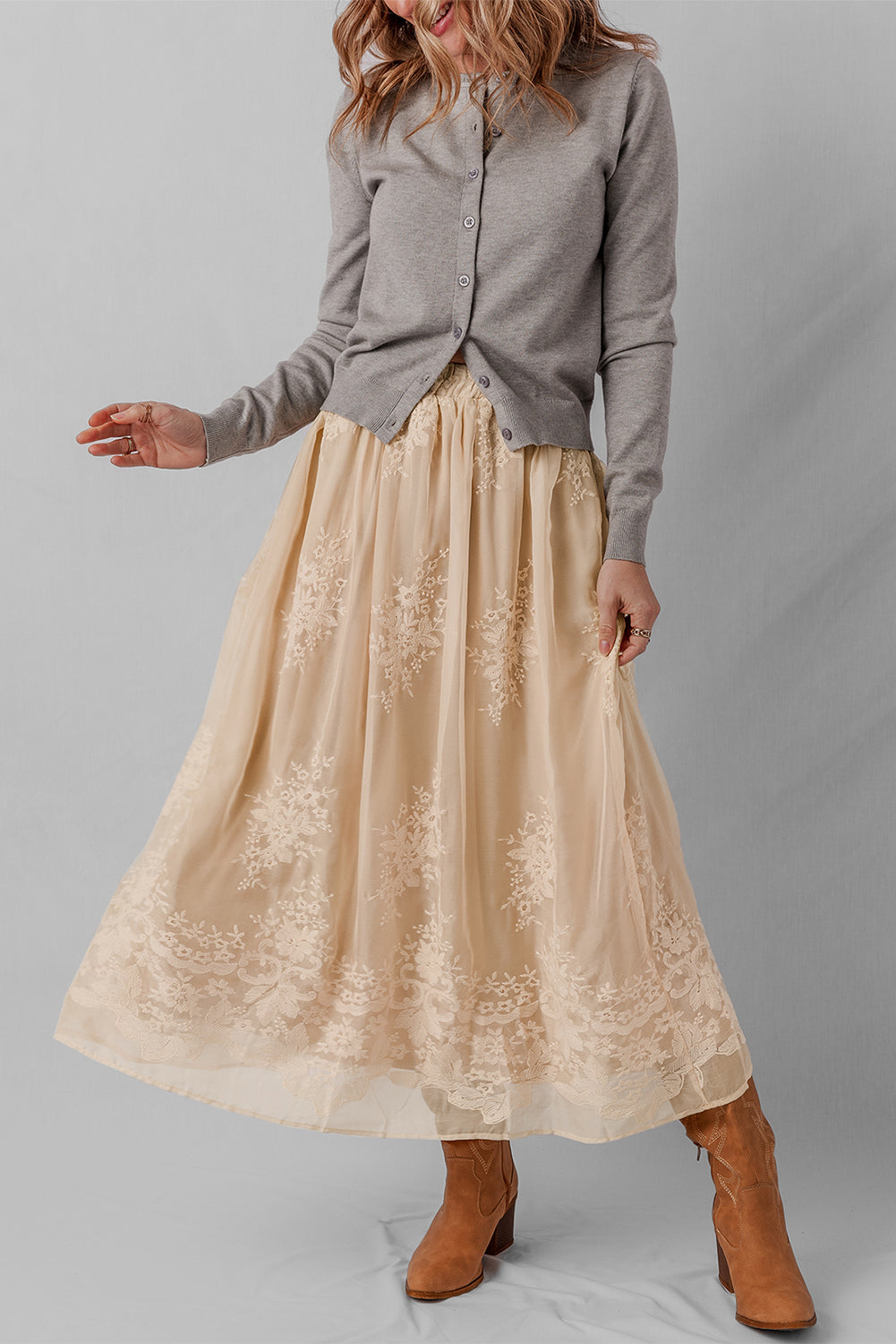 Vivienne Embroidered Mesh Overlay Long Skirt Threaded Pear