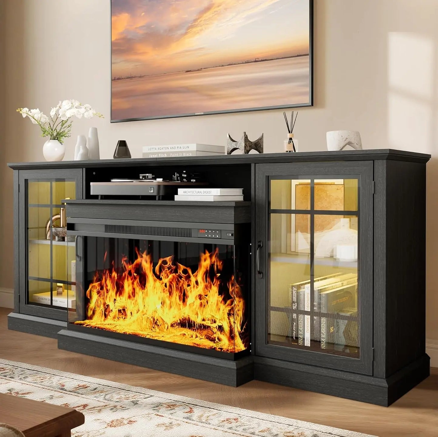 80 Inch Black Fireplace TV Stand ThreeSidedGlassPanel ShipItFurniture