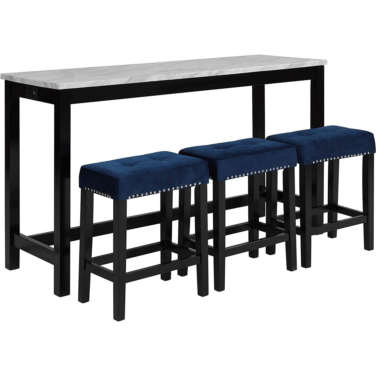 Blue Velvet Bar Table Set With 3 Stools Faux Marble Top ShipItFurniture