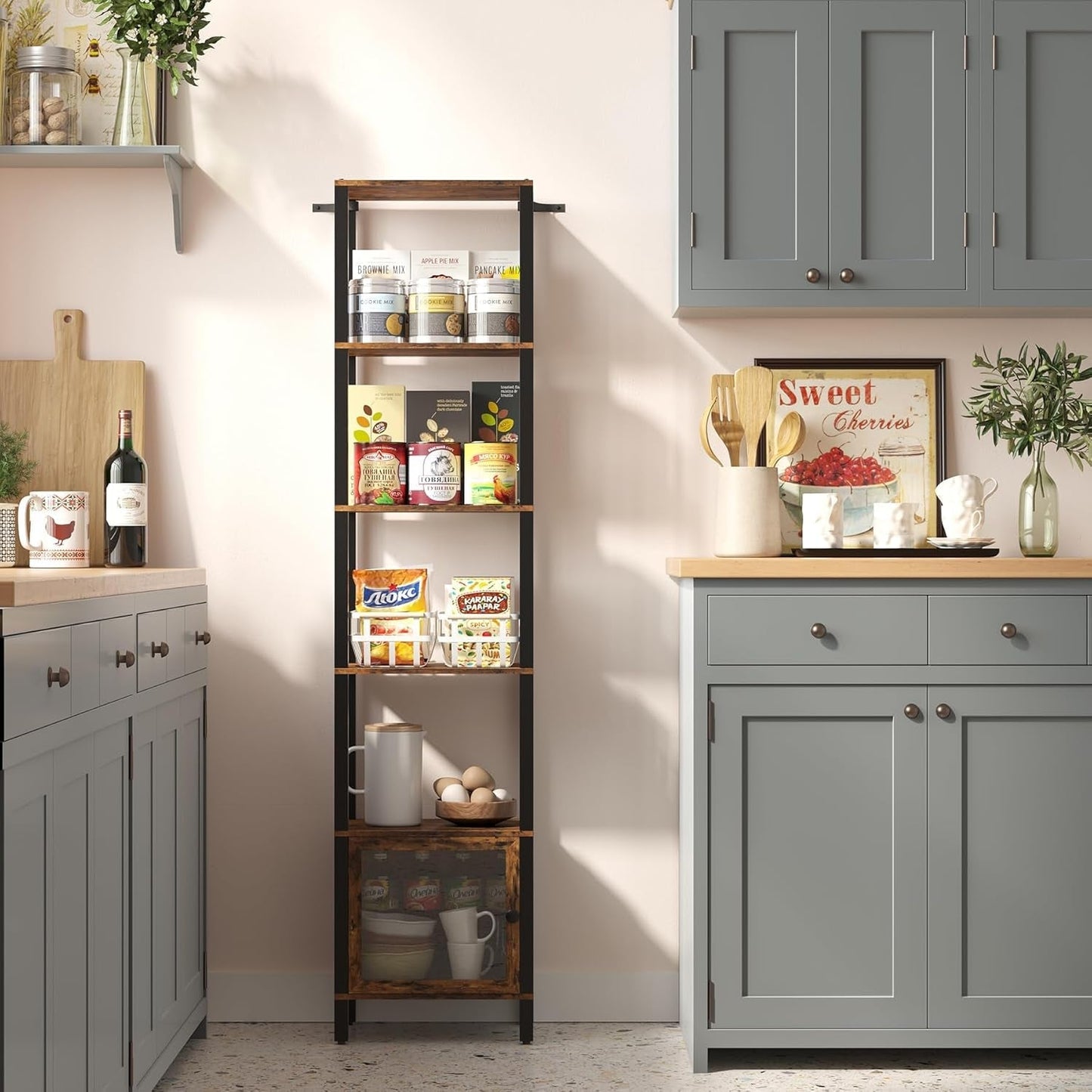 6 Tier Narrow Book Shelf With Door Brown For Small Spaces ShipItFurniture