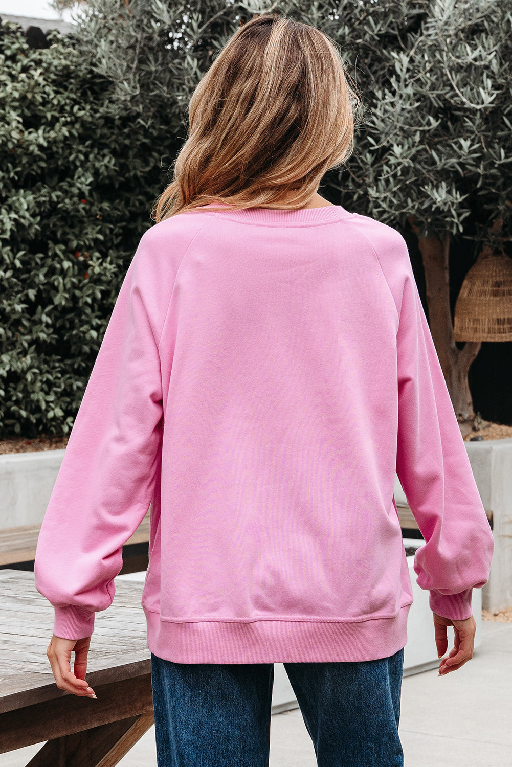 Lilah Lace Patched Raglan Sleeve Loose Fit Sweatshirt Threaded Pear