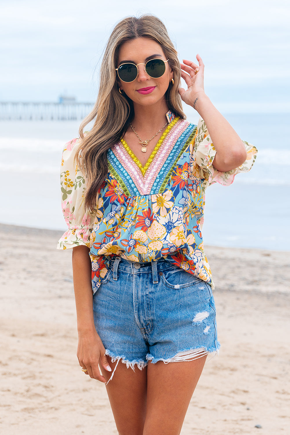 Gwen Crochet V Neck Boho Floral Blouse