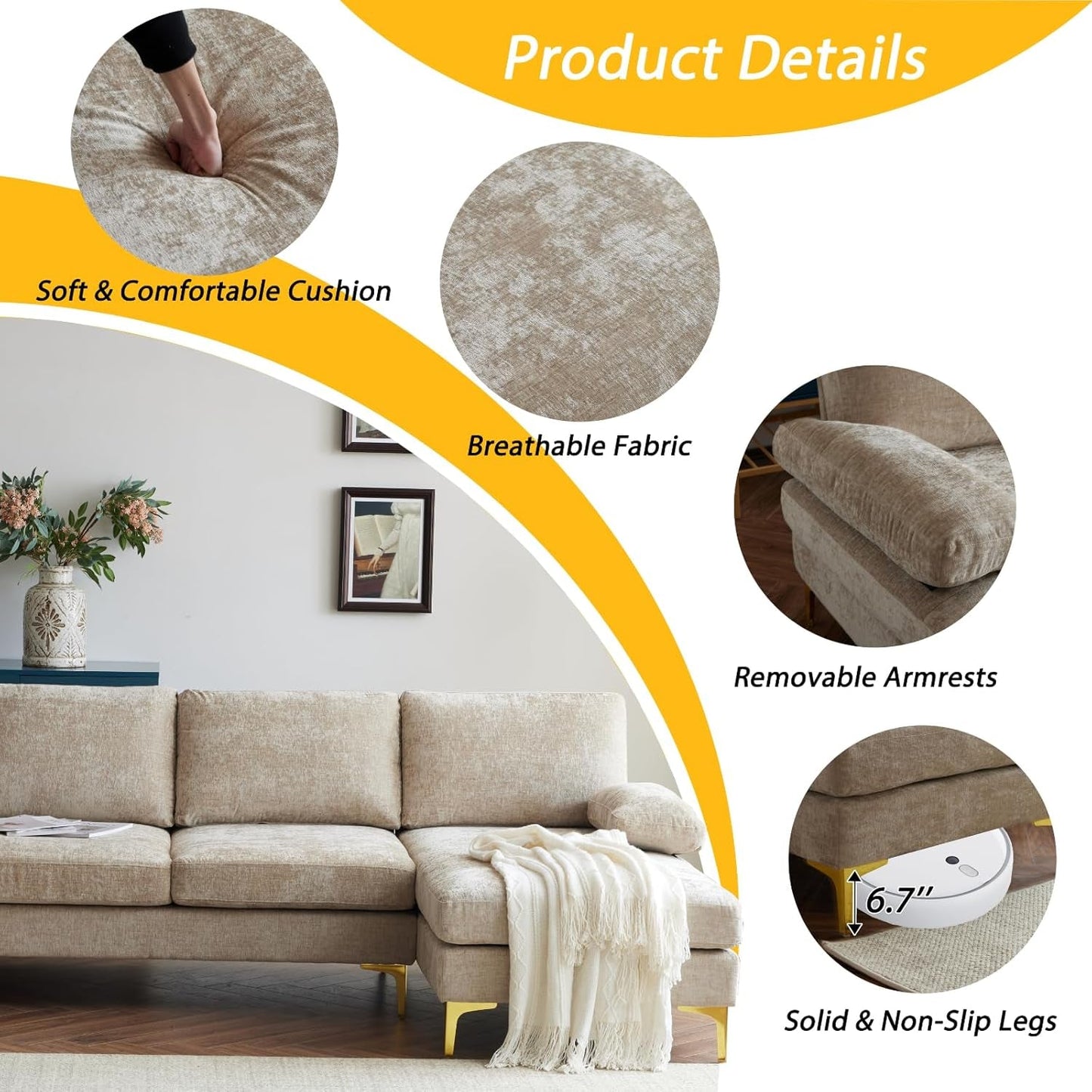 Convertible Sectional Sofa 110 Inch Camel U Shape ShipItFurniture