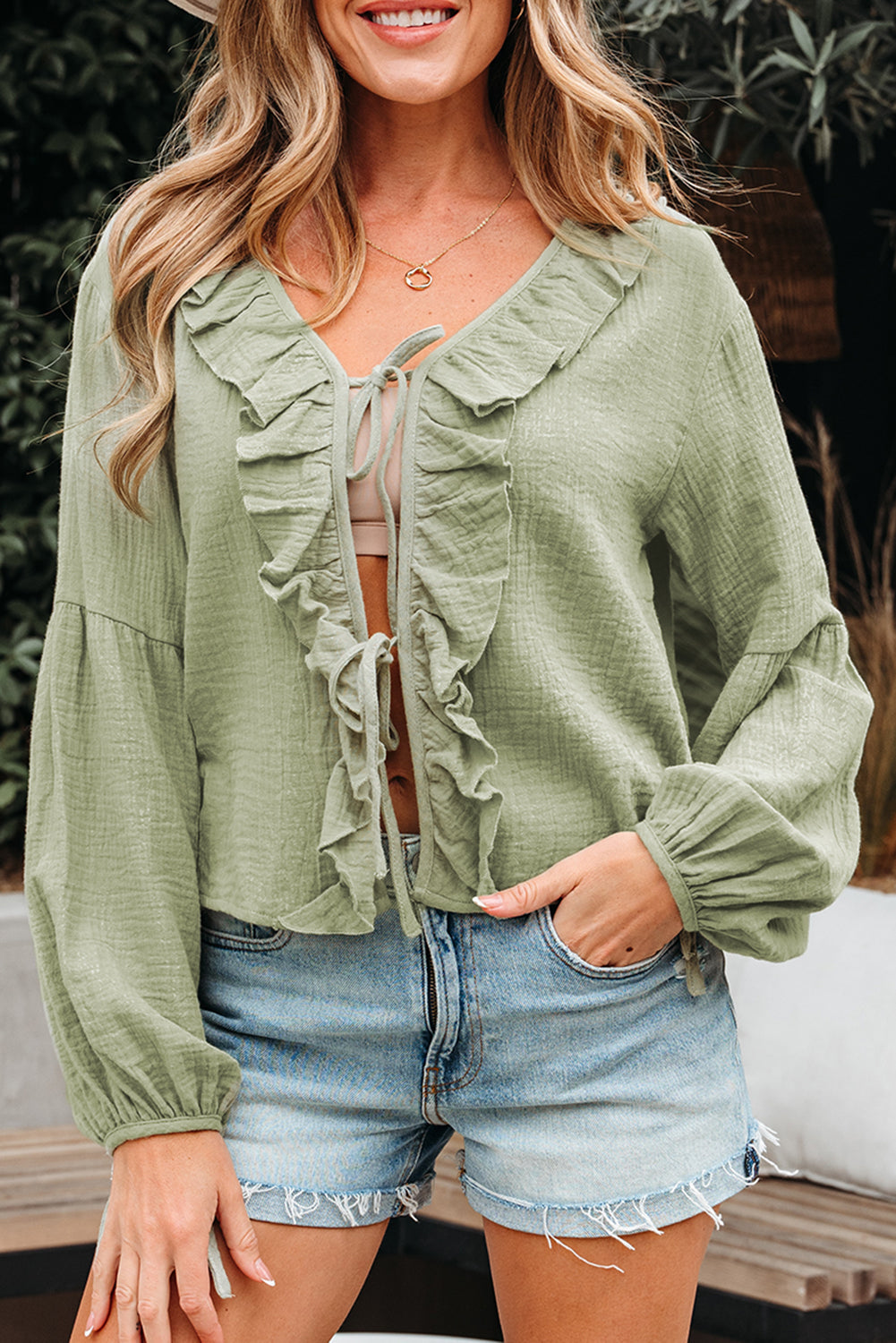 Natalia Bow Tie Front Ruffle Trim Long Sleeve Gauze Blouse - Get it from Bo