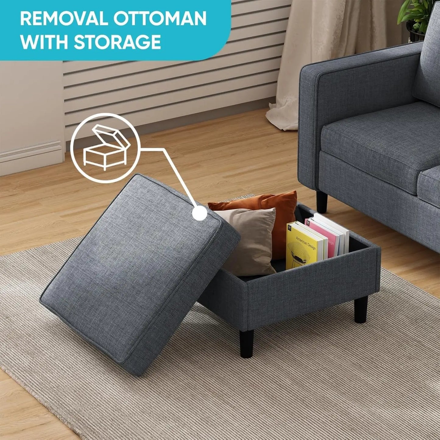 6 Seater Sectional Sofa In Dark Grey Linen With Ottoman ShipItFurniture