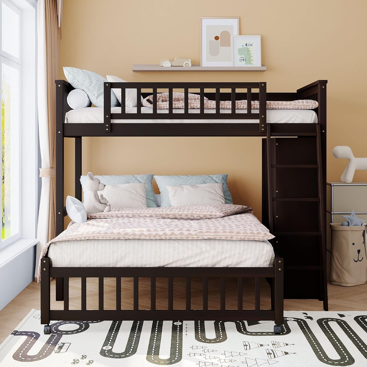 Twin over Full Bunk Bed with Storage, Solid Wood Bunk Bed with 6 Drawers and 3 Flexible Shelves, Twin Loft Bed with Movable Lower Bed, Bottom Bed with Wheels, for Kids Teens Adults (Espresso) ShipItFurniture