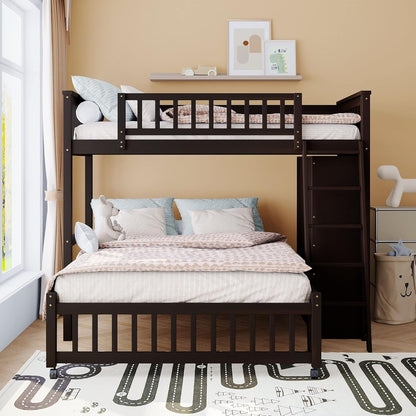 Twin over Full Bunk Bed with Storage, Solid Wood Bunk Bed with 6 Drawers and 3 Flexible Shelves, Twin Loft Bed with Movable Lower Bed, Bottom Bed with Wheels, for Kids Teens Adults (Espresso) ShipItFurniture