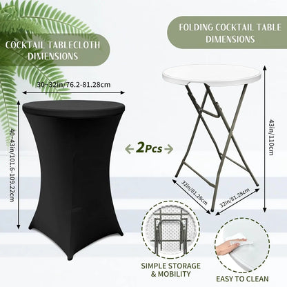 32-Inch Round Folding High Top Cocktail Tables with Black Spandex Covers, Set of 2-1