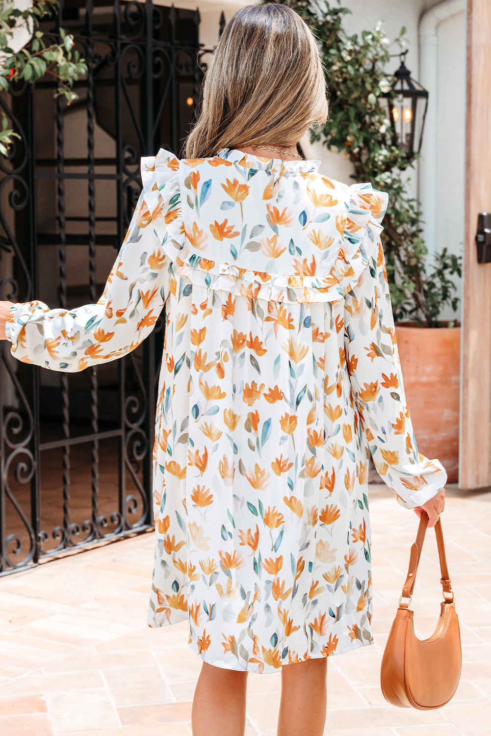 Katherine Floral Tie Neck Frilled Long Sleeve Dress Threaded Pear