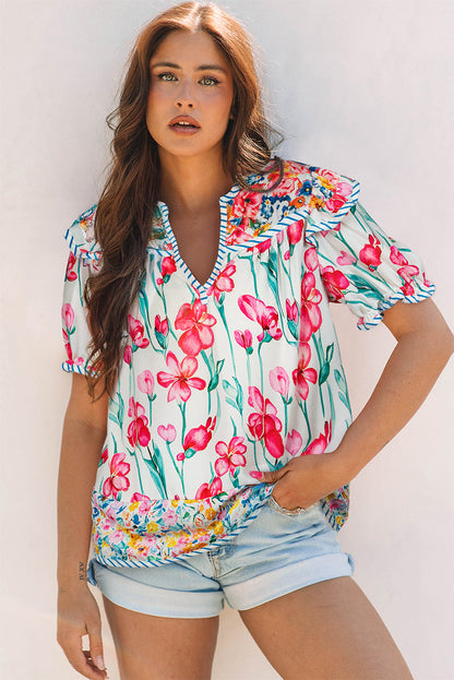 Greta Floral Split Neck Short Sleeve Blouse