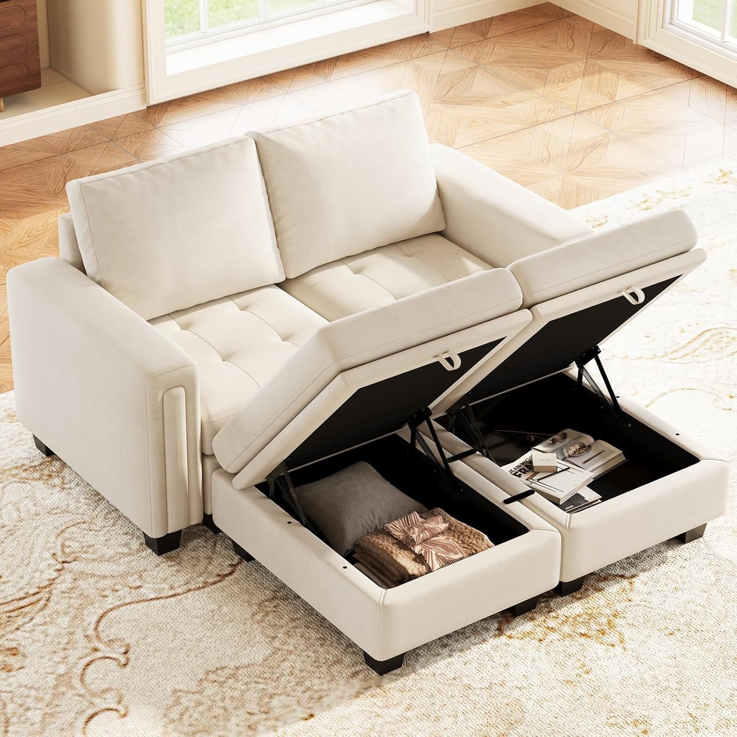 Beige Velvet Modular Sectional Sofa With Storage Sleeper ShipItFurniture