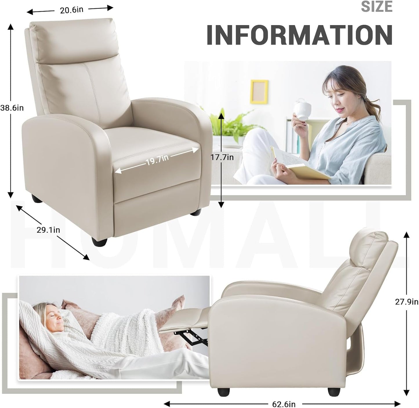 Beige PU Leather Recliner Chair With Lumbar Support And Adjustable Recline ShipItFurniture