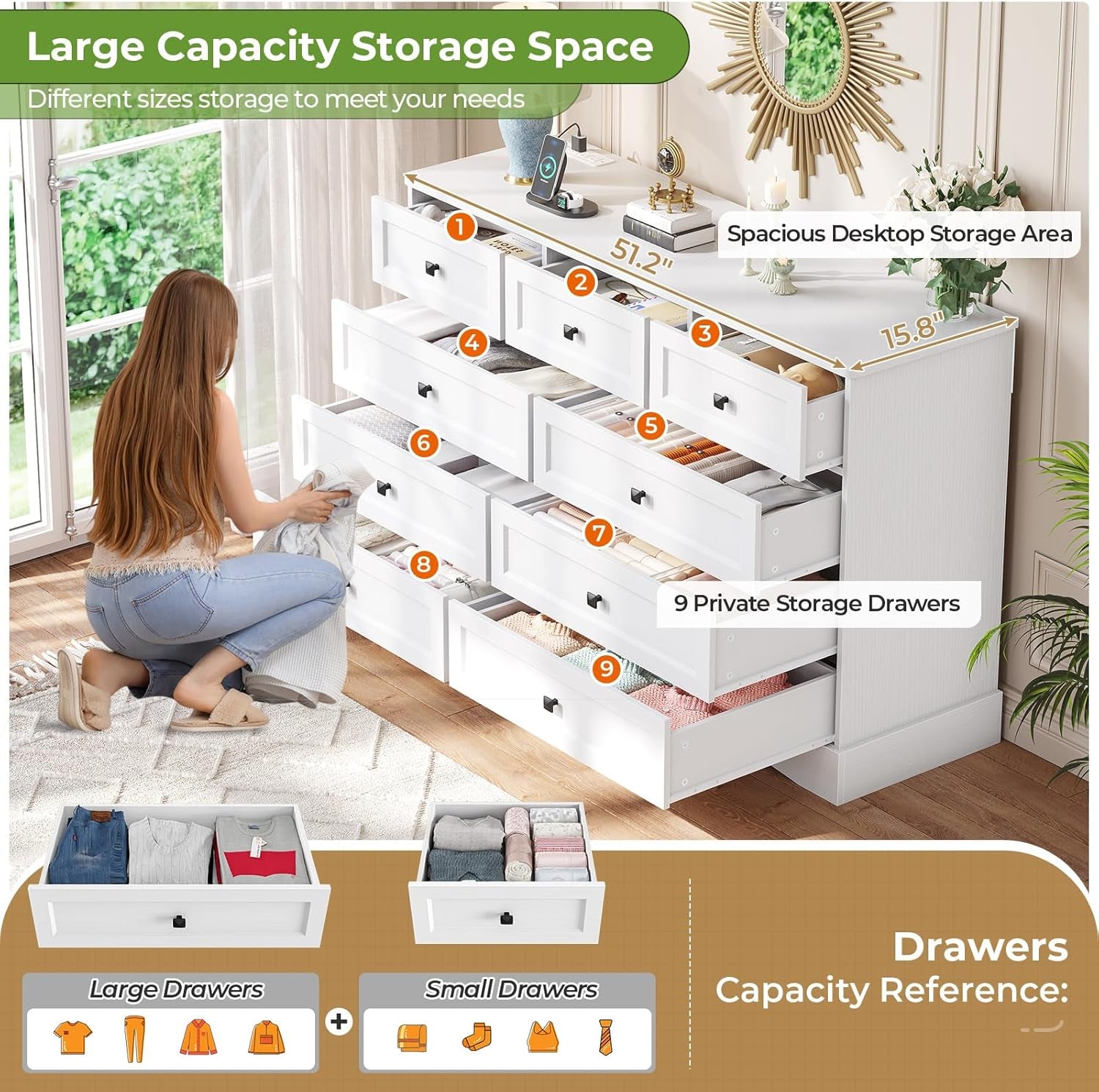 White Dresser for Bedroom with 9 Drawers, 51.2" Large Drawer Dresser with Charging Station, Wide Farmhouse Dresser Chest of Drawers, Wooden Storage Tower Organizer, Dresser for Bedroom Closet ShipItFurniture