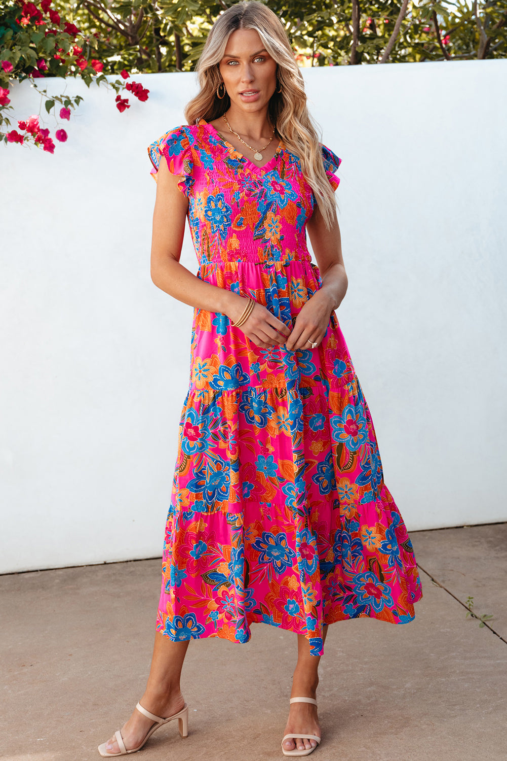 Kamari Boho Floral V Neck Ruffle Tiered Long Dress