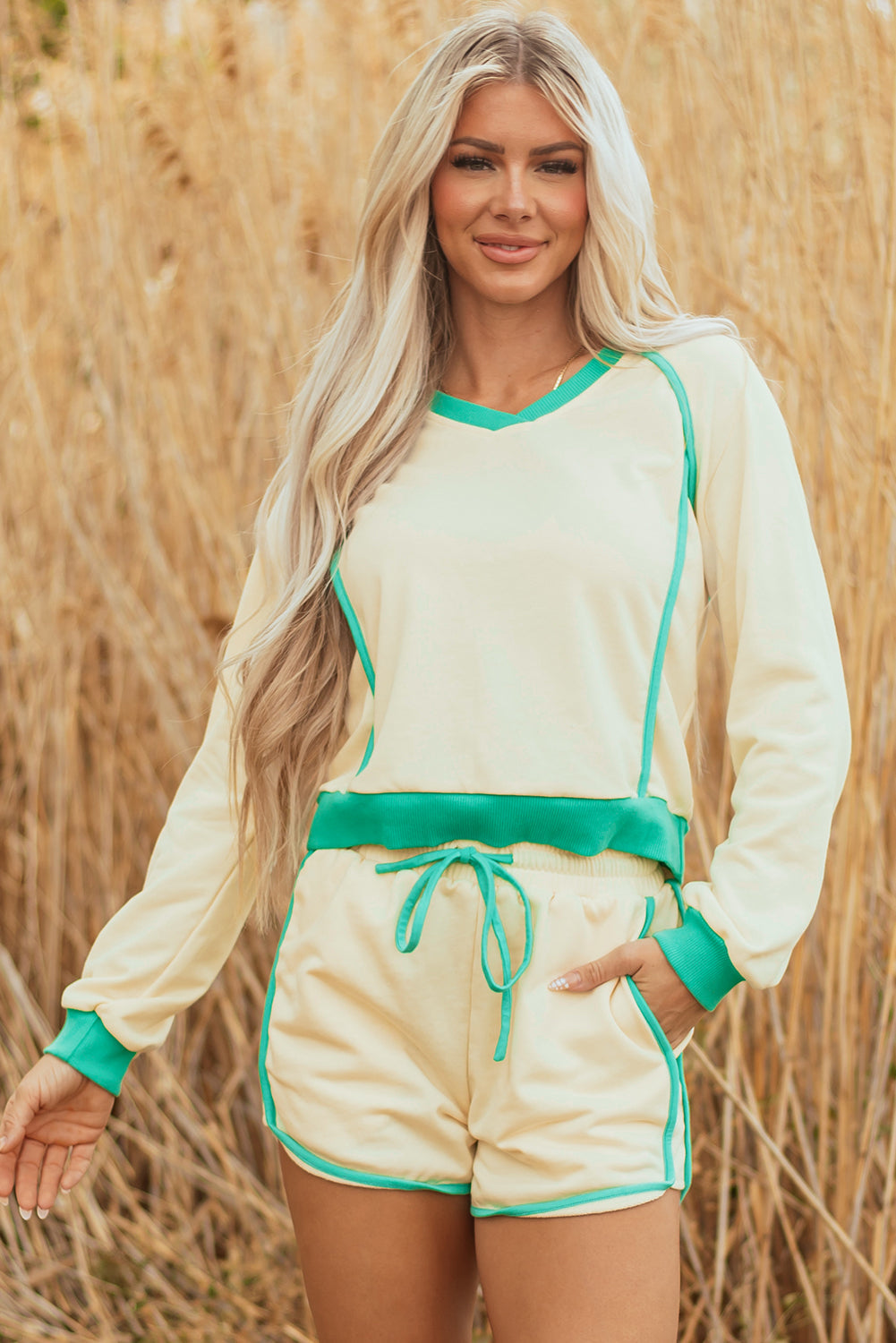 Wren Long Sleeve Pullover and Drawstring Shorts Outfit Threaded Pear