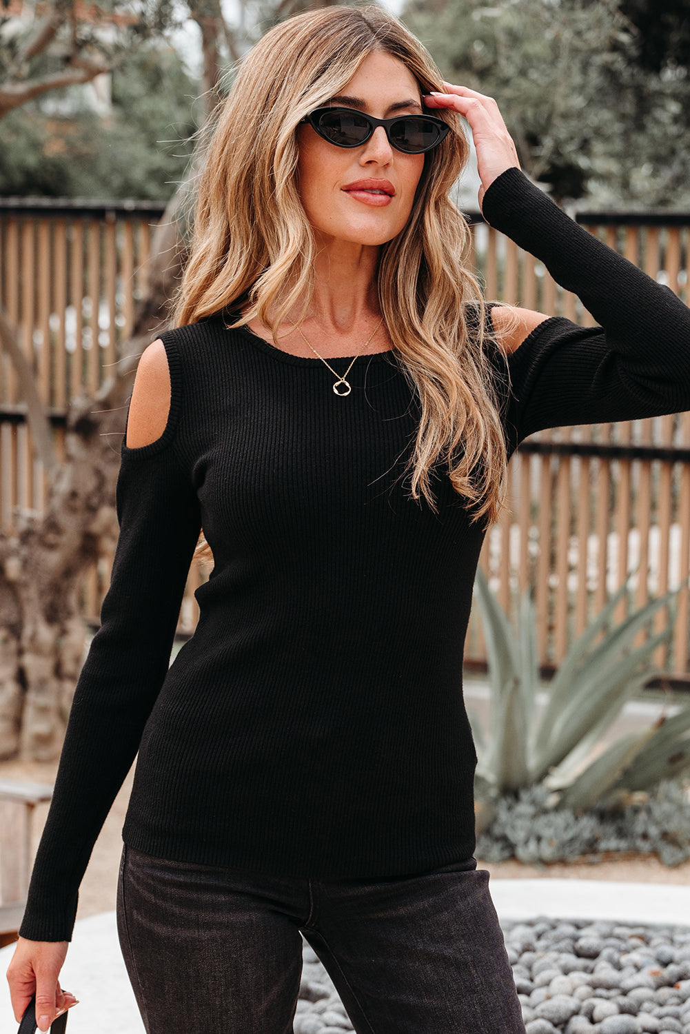 Amaya Ribbed Knit Cold Shoulder Sweater Threaded Pear