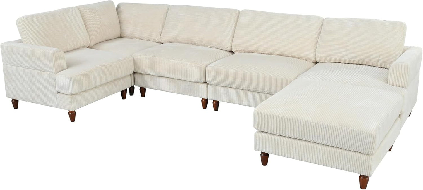L Shaped Beige Corduroy Sectional Sofa With Ottoman ShipItFurniture