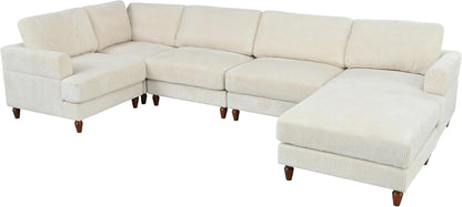 L Shaped Beige Corduroy Sectional Sofa With Ottoman ShipItFurniture