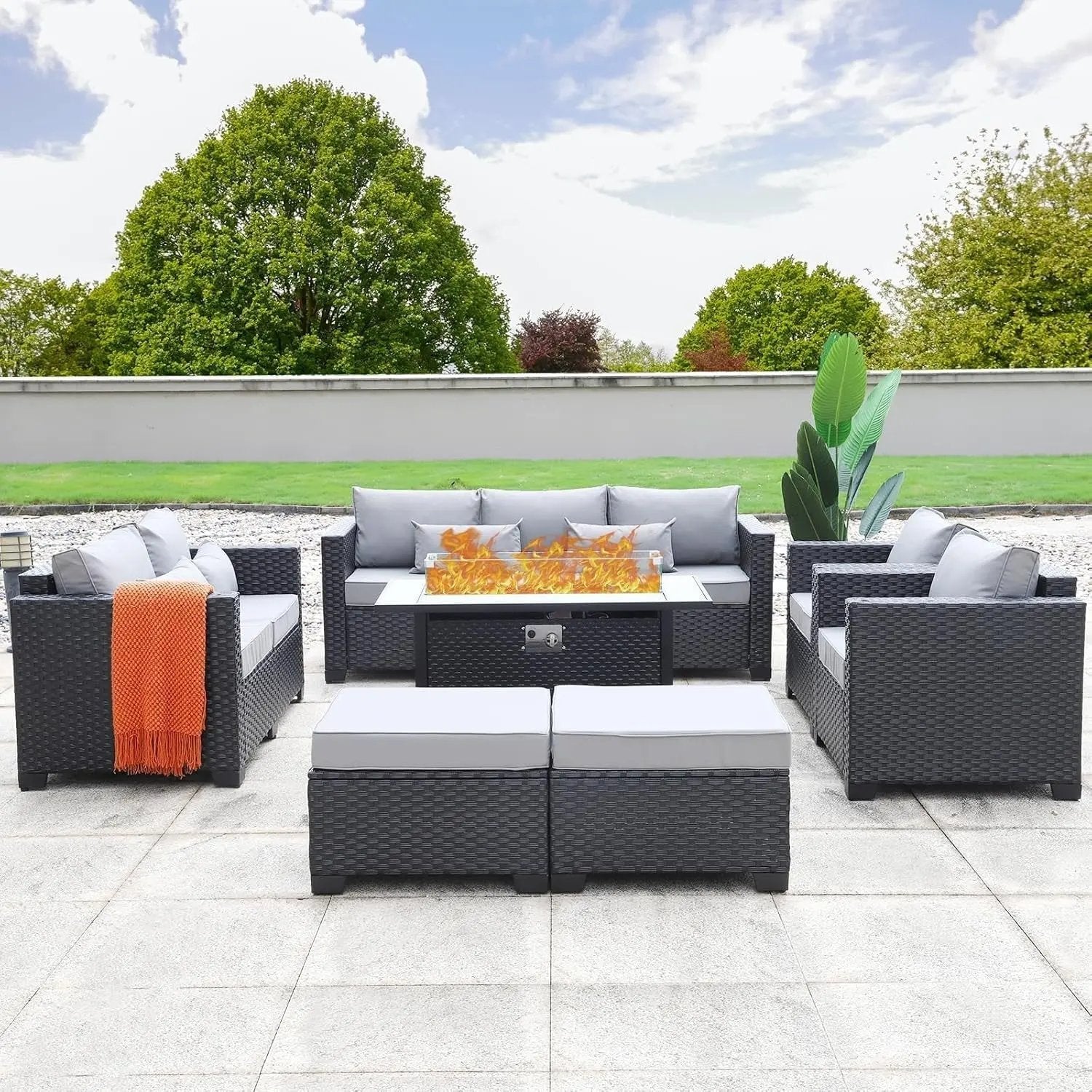7 PCS Outdoor Furniture Sets 60000BTU 45-Inch Outdoor Propane Fire Pit Table Patio Furniture Set No-Slip Cushions and Waterproof Covers, Light Grey-0