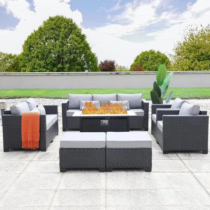 7 PCS Outdoor Furniture Sets 60000BTU 45-Inch Outdoor Propane Fire Pit Table Patio Furniture Set No-Slip Cushions and Waterproof Covers, Light Grey-0